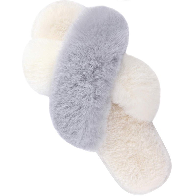 Parlovable Women's Fuzzy Slippers Comfy Cross Band House Shoes Memory Foam Open Toe Indoor Gifts for Ladies White/Grey 7-8 - Image 1